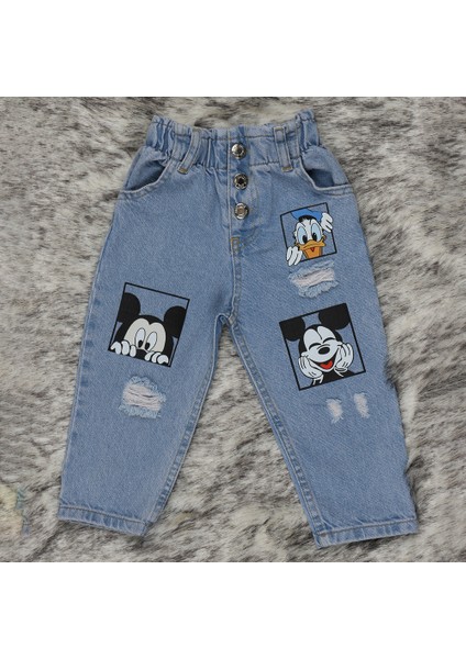 Duffy Mickey Baskılı Beli Lastikli Çocuk Kot Pantolon 2263