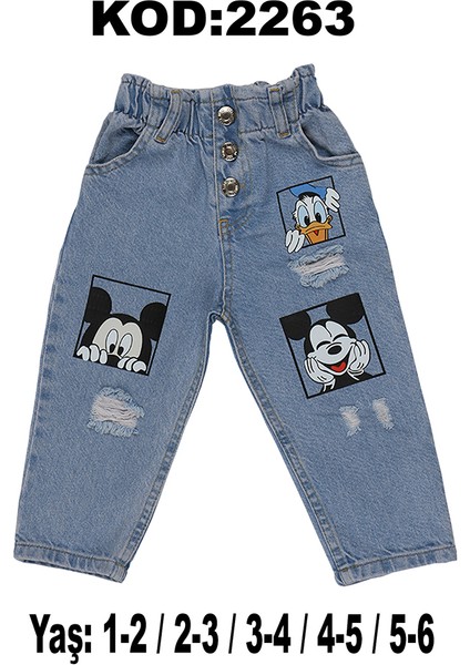 Duffy Mickey Baskılı Beli Lastikli Çocuk Kot Pantolon 2263