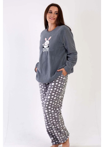 Kadın Polar Büyük Beden Uzun Kol Pijama Takım