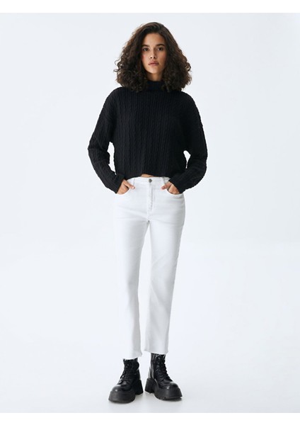 KadınDik Yaka Saç Örgü Siyah Sweatshırt