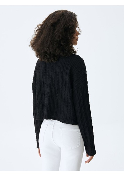 KadınDik Yaka Saç Örgü Siyah Sweatshırt modelleri