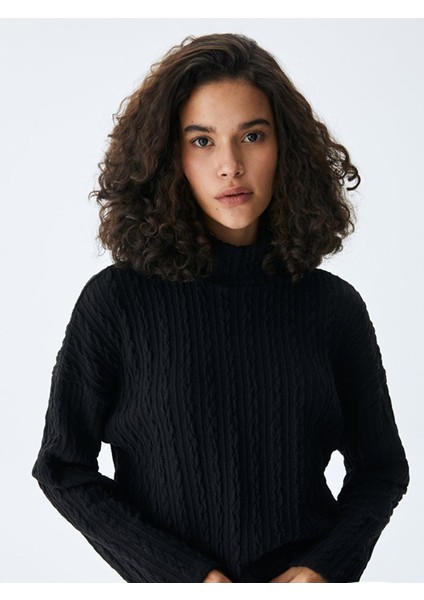 KadınDik Yaka Saç Örgü Siyah Sweatshırt indirimleri