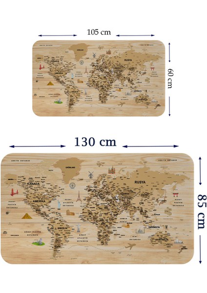 HSD Telekom Ahşap Görünümlü Türkçe Eğitici Detaylı Atlası Dekoratif Dünya Haritası Duvar Sticker  3843