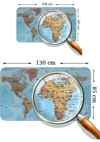 HSD Telekom Türkçe Eğitici Ülke ve Başkent Okyanus Detaylı Atlası Dekoratif Dünya Haritası Duvar STICKER 3849