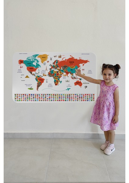 Türkçe Ülke Bayrak Lı Eğitici Başkent Detaylı Atlası Dünya Haritası Duvar STICKER 3858