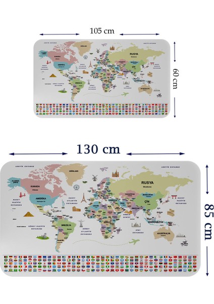 HSD Telekom Türkçe Ülke Bayrak Lı Eğitici Başkent Detaylı Atlası Dünya Haritası Duvar STICKER 3859