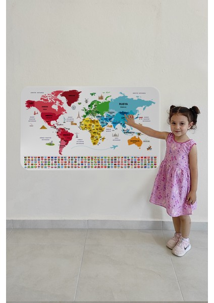 Türkçe Ülke Bayrak Lı Eğitici Başkent Detaylı Atlası Dünya Haritası Duvar STICKER 3861