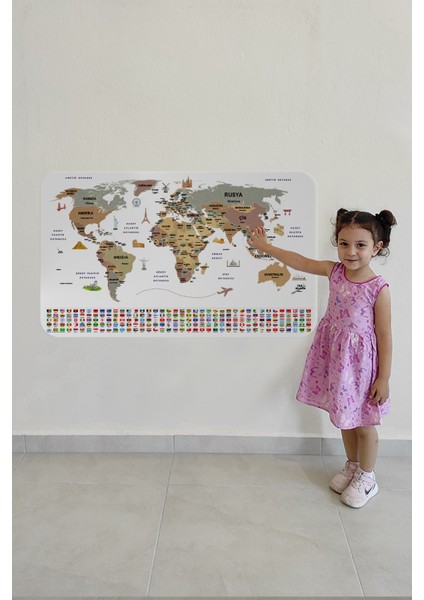 Türkçe Ülke Bayrak Lı Eğitici Başkent Detaylı Atlası Dünya Haritası Duvar STICKER 3862