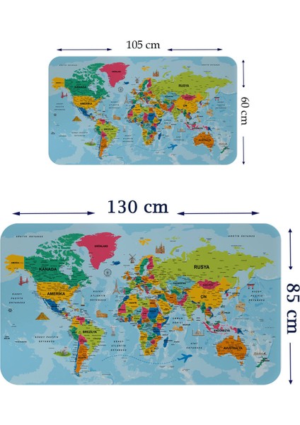 HSD Telekom Türkçe Eğitici Ülke ve Başkent Okyanus Detaylı Atlası Dekoratif Dünya Haritası Duvar STICKER 3865
