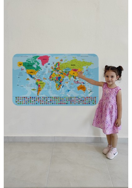 Dünya Haritası Eğitici Ülke Bayraklı Türkçe Harita Çocuk Odası Genç Odası Duvar Sticker 3865B