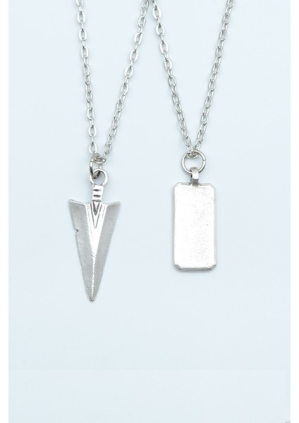 2'li Ok Ucu Triagle Dikdörtgen Bar Gümüş Kaplama Unisex Düz Zincir Kolye Seti kod 1087