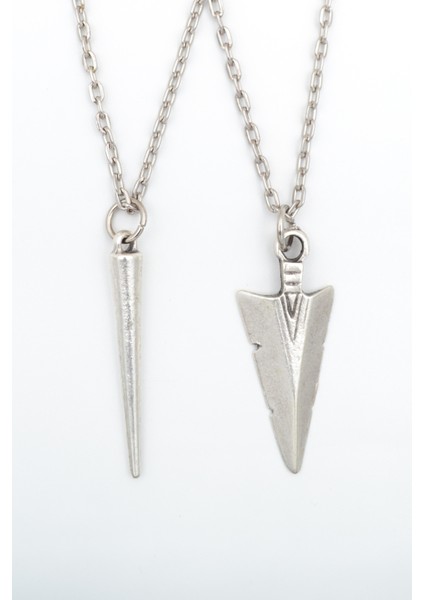 2'li Triagle Ok Ucu - Çubuk Gümüş Kaplama Unisex Düz Zincir Kolye Seti kod 1081