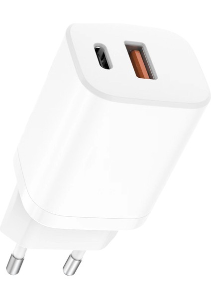 Case 4U 2 Portlu Type-C + USB-A Çıkışlı 30W Şarj Cihazı - Akım Korumalı iPhone ve Android Uyumlu Hızlı Şarj Adaptörü Beyaz