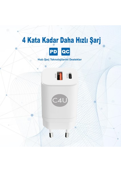 Case 4U 2 Portlu Type-C + USB-A Çıkışlı 30W Şarj Cihazı - Akım Korumalı iPhone ve Android Uyumlu Hızlı Şarj Adaptörü Beyaz