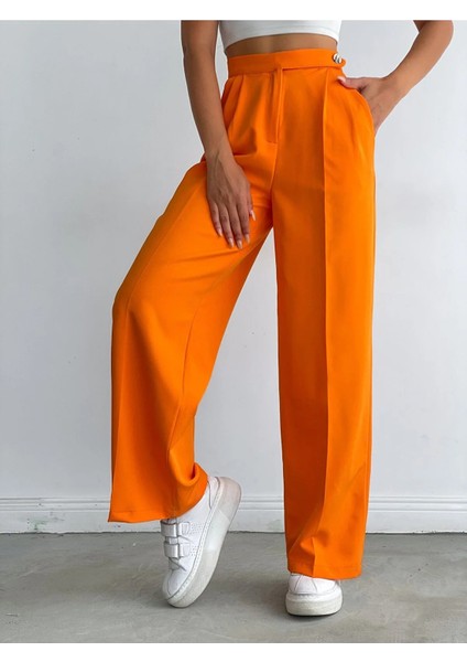 Narkıss Atlas Kumaş Yandan Düğmeli Turuncu Palazzo Pantolon modelleri