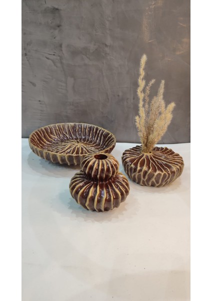 Iskandinav Tarz Modern Vazo Mumluk & Dekoratif Tabak 3' Lü Set Model 2