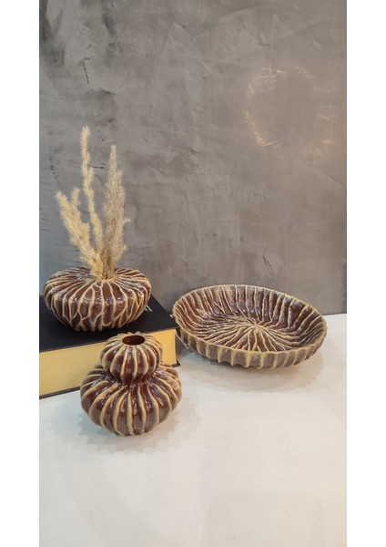 Iskandinav Tarz Modern Vazo Mumluk & Dekoratif Tabak 3' Lü Set Model 2