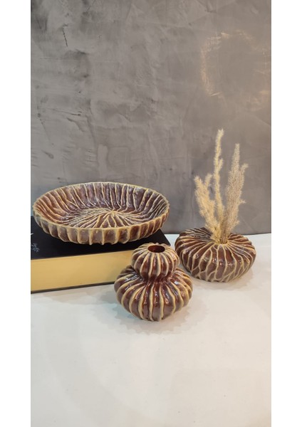 Iskandinav Tarz Modern Vazo Mumluk & Dekoratif Tabak 3' Lü Set Model 2
