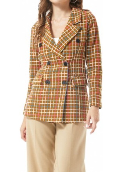 Camel Ekoseli Kışlık Blazer Ceket