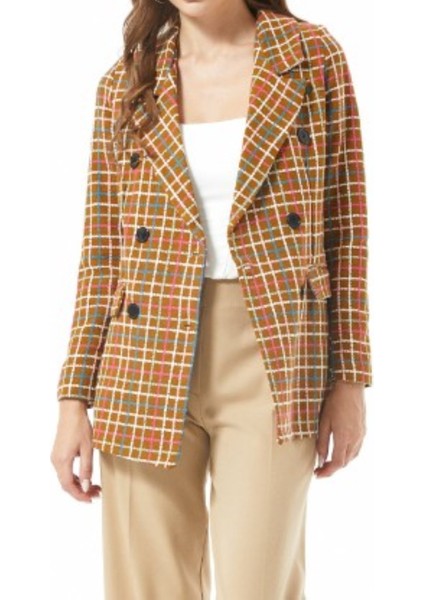 Camel Ekoseli Kışlık Blazer Ceket