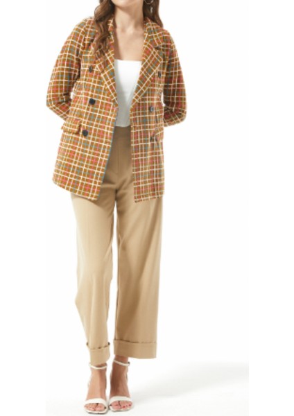 Camel Ekoseli Kışlık Blazer Ceket