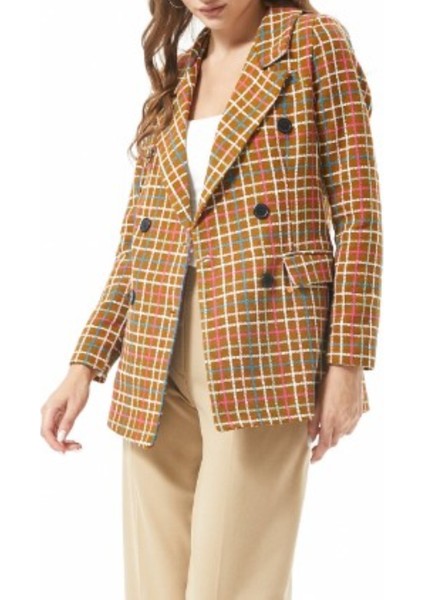 Camel Ekoseli Kışlık Blazer Ceket