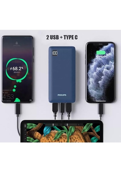 10000 Mah 22.5W USB ve Type-C Pd Üç Çıkışlı LED Göstergeli Powerbank