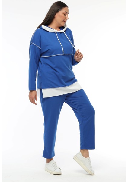 Kadın Büyük Beden Beyaz Garni Detaylı Eşofman Mavi Takımı