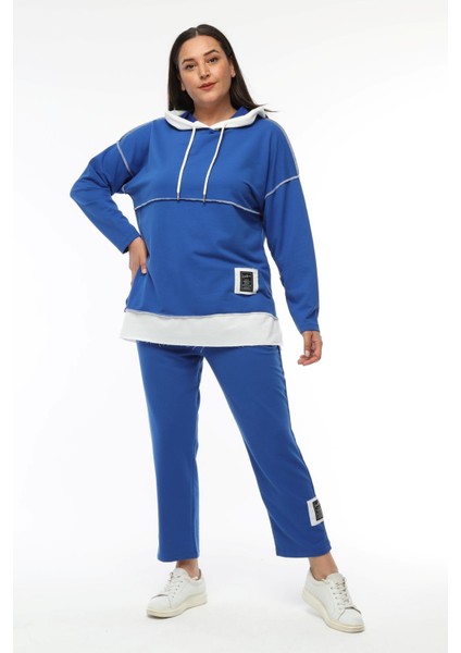 Kadın Büyük Beden Beyaz Garni Detaylı Eşofman Mavi Takımı modelleri