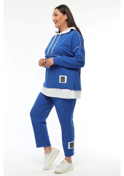 Kadın Büyük Beden Beyaz Garni Detaylı Eşofman Mavi Takımı fırsatları