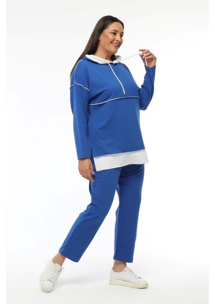 Kadın Büyük Beden Beyaz Garni Detaylı Eşofman Mavi Takımı indirimleri