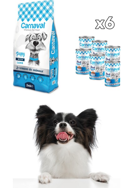 Premium Yavru Köpek Maması 3 kg ve Besleyici Yaş Mama Konserve 6 Adet 400 gr- Mega Paket