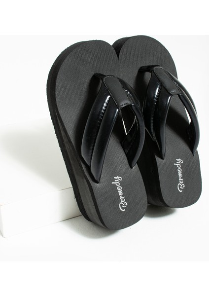 Kadın Siyah Deri Görünümlü Yüksek Platform Parmak Arası Plaj Terlik Flip Flops fırsatları
