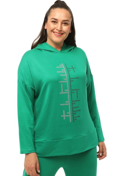 Kadın Büyük Beden Gümüş Taş Baskılı Kapüşonlu Eşofman Yeşil Takımı fiyatları