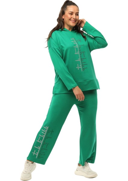 Kadın Büyük Beden Gümüş Taş Baskılı Kapüşonlu Eşofman Yeşil Takımı modelleri