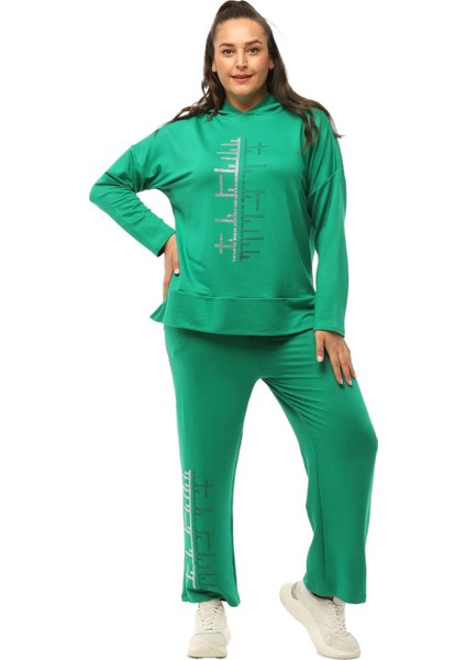 Kadın Büyük Beden Gümüş Taş Baskılı Kapüşonlu Eşofman Yeşil Takımı fırsatları