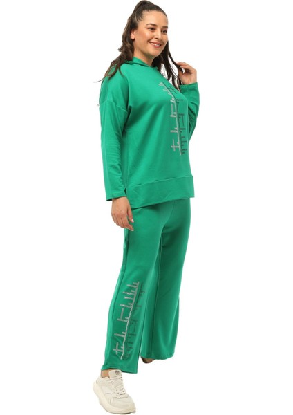 Kadın Büyük Beden Gümüş Taş Baskılı Kapüşonlu Eşofman Yeşil Takımı indirimleri