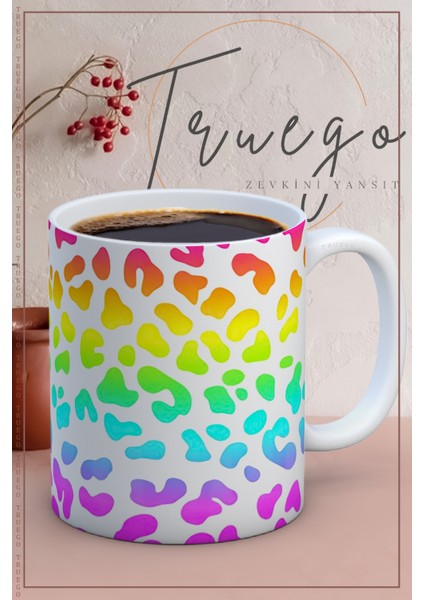Baskılı Kupa Bardak Seramik Mug - Renkli Leopar Desen