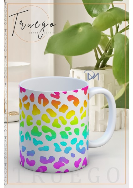 Baskılı Kupa Bardak Seramik Mug - Renkli Leopar Desen