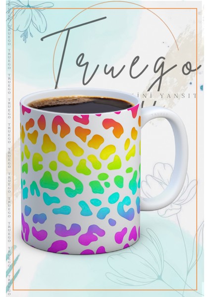 Baskılı Kupa Bardak Seramik Mug - Renkli Leopar Desen