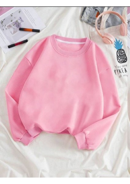 Kadın Pembe Düz Bisiklet Yaka Sweatshirt