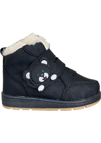 Panda Detaylı Kürklü Unisex Çocuk Bebe Bot SİYAH