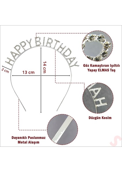 Kristal Taşlı, Metal Happy Birthday Taç - Gümüş modelleri
