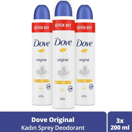 Dove Kadın Sprey Deodorant Original 1/4 Nemlendirici Krem Etkili Büyük Boy 200 ml X3 Adet