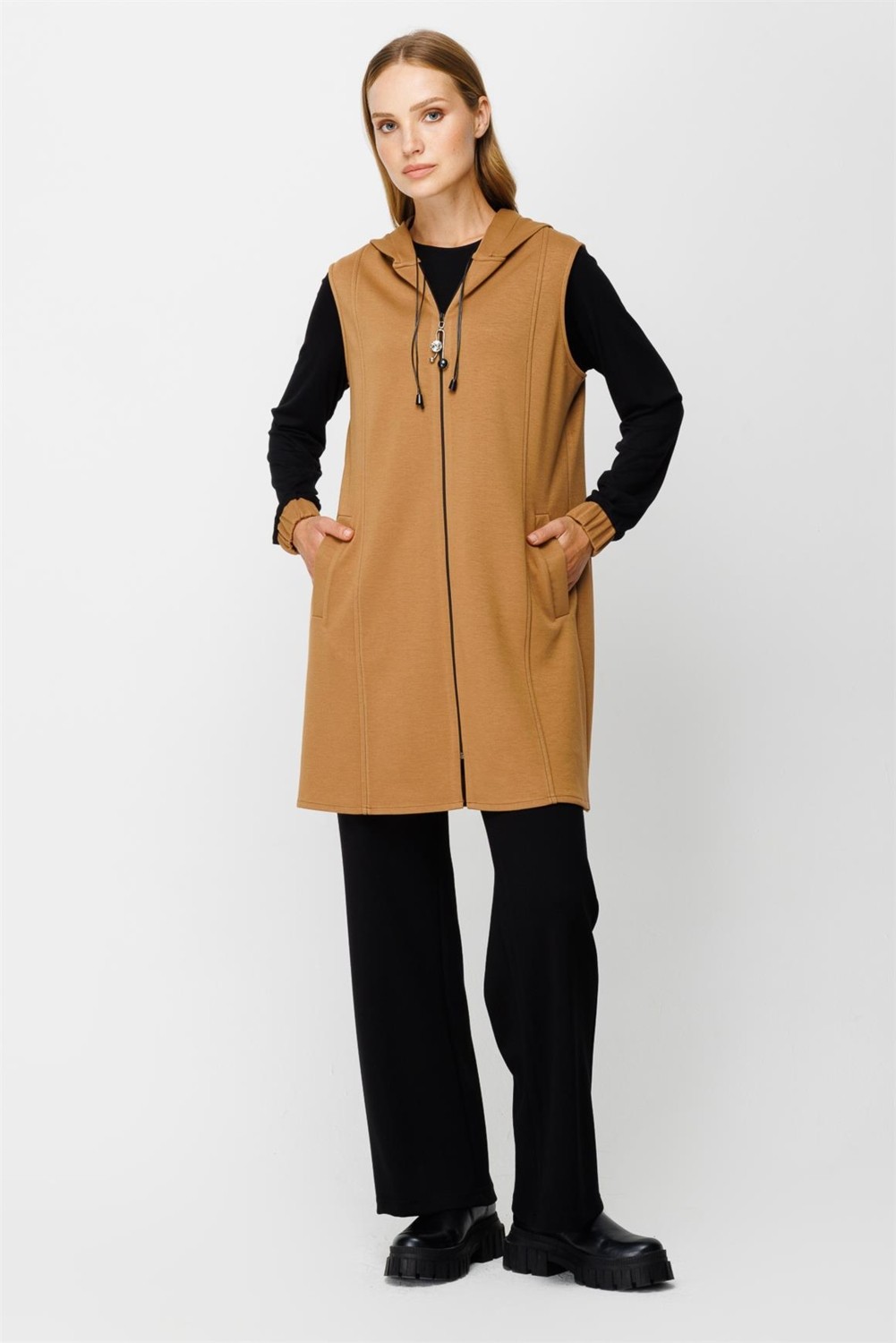 Esswaap Oysh Kumaş Yelekli Iç Dış Takım Camel görsel 2