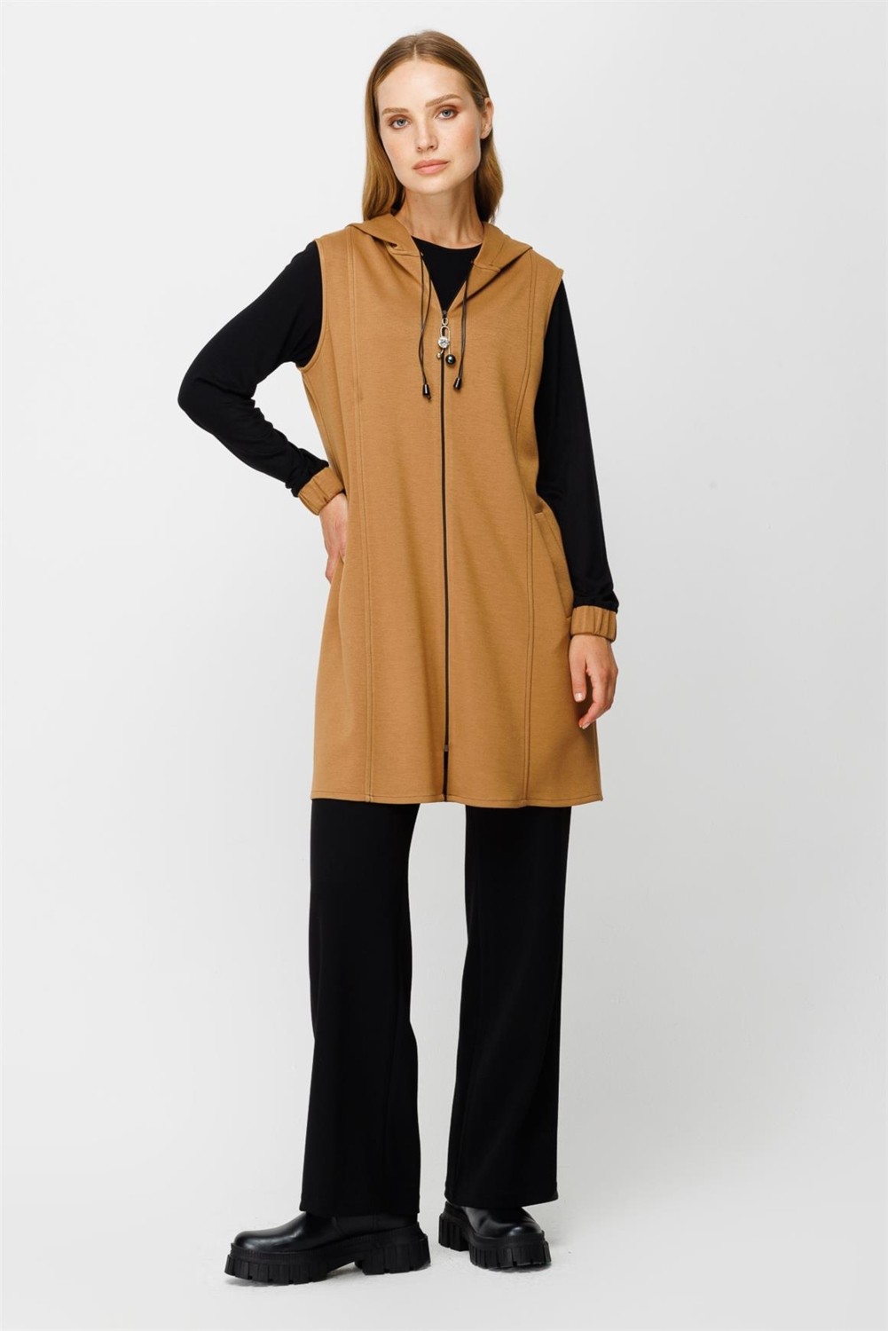 Esswaap Oysh Kumaş Yelekli Iç Dış Takım Camel görsel 3