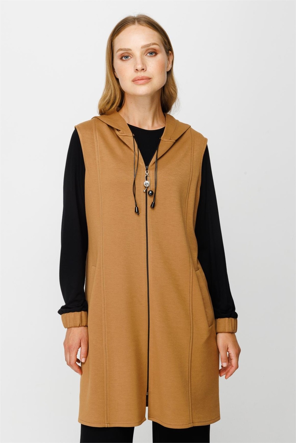 Esswaap Oysh Kumaş Yelekli Iç Dış Takım Camel görsel 4