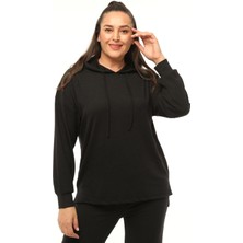 Ebsumu Kadın Büyük Beden Fitilli Örme Kapüşonlu Eşofman Siyah Takımı