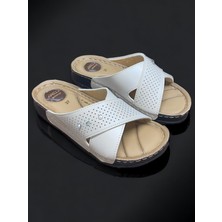 Apella Bodrum Krem Anatomik Topuk Ortopedik Çapraz Pırlanta Model Deri Kaydırmaz Günlük Terlik