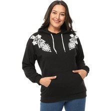 Ebsumu Kadın Büyük Beden Fitilli Örme Dantel Detaylı Siyah Sweatshirt